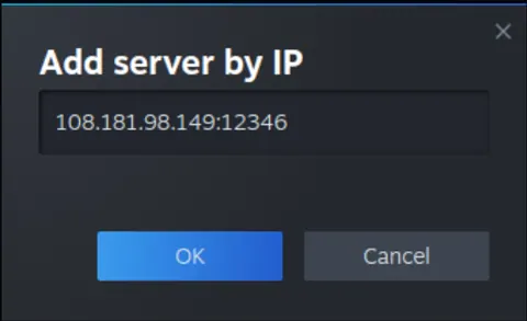 The Add server by IP dialog with an address and query port entered