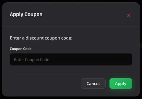 The Apply Coupon dialog with an empty coupon code field