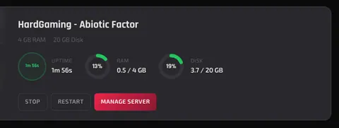 The Abiotic Factor server card on the dashboard with the MANAGE SERVER button