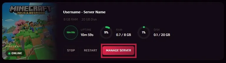 close up of manage server button under my servers