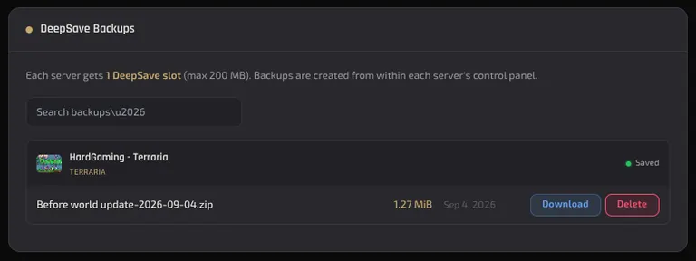 The DeepSave Backups section listing one saved file with Download and Delete buttons