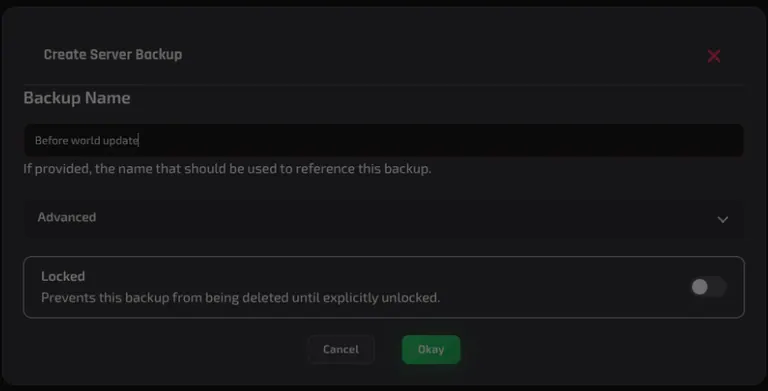 The Create Server Backup dialog with a name typed in and the Locked option under Advanced