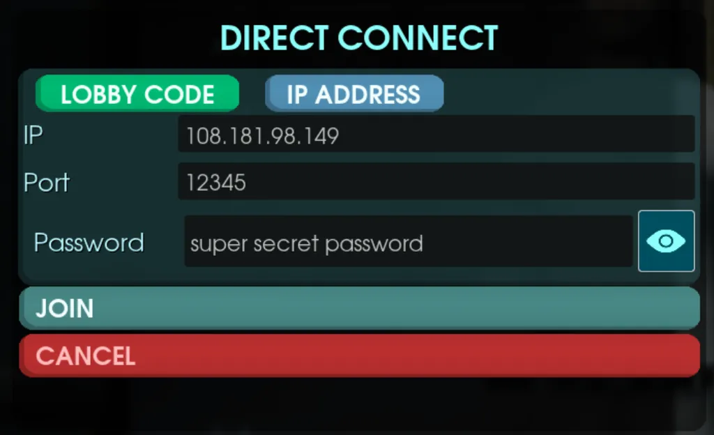 Direct Connection window showing the IP Address tab with connection fields
