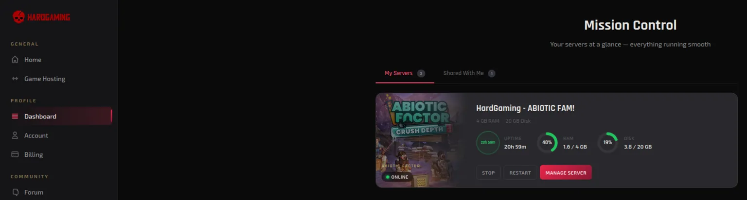 Dashboard sidebar with the Abiotic Factor server selected