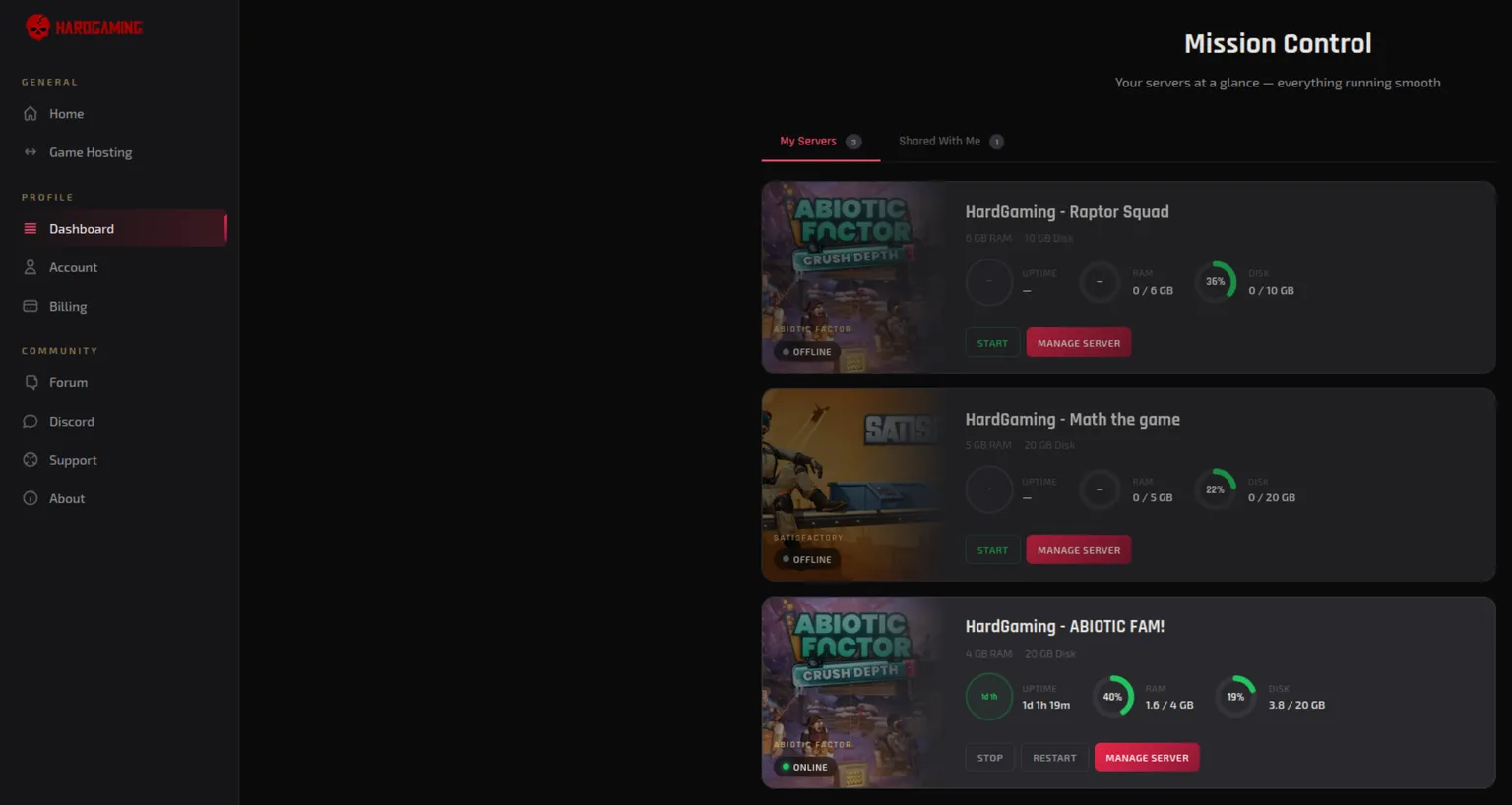 Dashboard showing available servers