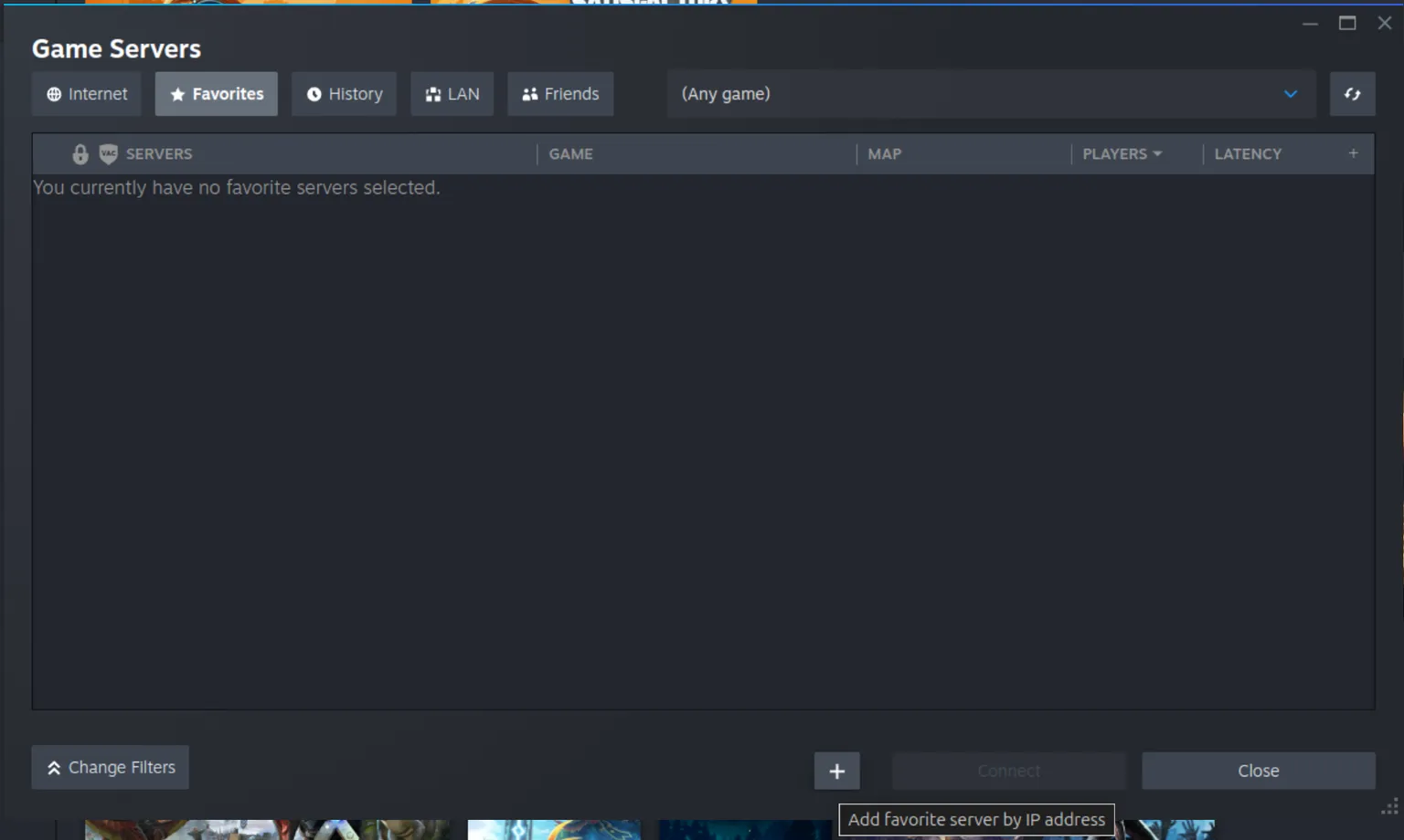 Steam Game Servers window showing the Favorites tab and the add button