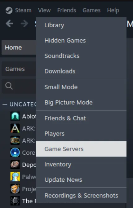 Steam View menu with Game Servers option highlighted